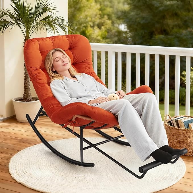 GAOMON Papasan Rocking Chair with Foot Rest Papasan Chair with Thick Removable Cushion and Metal Frame Lounge Chairs and PE Rattan Rocker for Patio Garden Lawn Living Room and Relaxation Space
