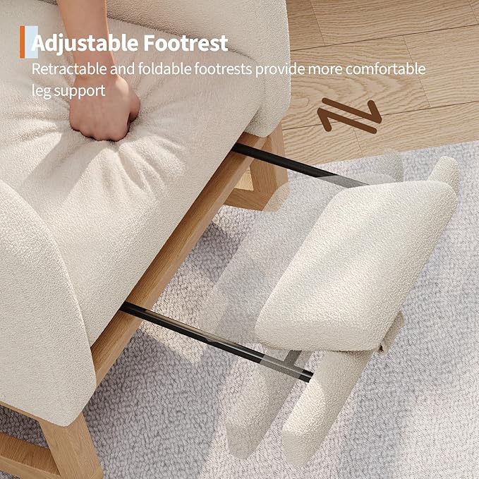 GarveeHome Nursery Rocking Chair with Adjustable Footrest Teddy Fleece Upholstery Sturdy Wooden Legs &amp High Backrest Comfortable Glider Rocking Chair for Living Room or Bedroom White