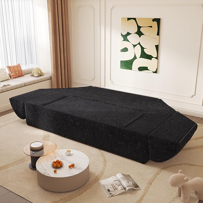 3-in-1 Convertible Folding Sofa Bed 79.5 Queen Size Sleeper Curved Couch Modern Deep Seat Fluffy Couch with 2 Pillows 3-Seater Sofa Sparkling Chenille Fabric Sofa (A-Black 3 Seat)
