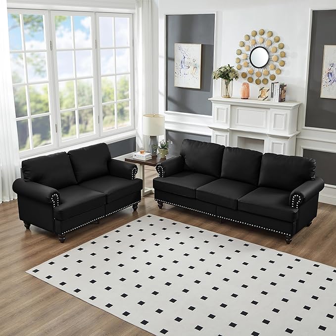 2 Pieses Living Room Sofa Sets Faux Leather Couch and Loveseat with Nailhead Decor Soild Wood Legs Rolled Armrests &amp Storage 2PCS Sofas 3 Seaters Couch and Love Seat for Living Room Furniture S