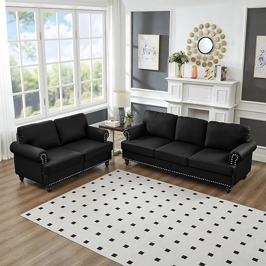 2 Pieses Living Room Sofa Sets Faux Leather Couch and Loveseat with Nailhead Decor Soild Wood Legs Rolled Armrests &amp Storage 2PCS Sofas 3 Seaters Couch and Love Seat for Living Room Furniture S