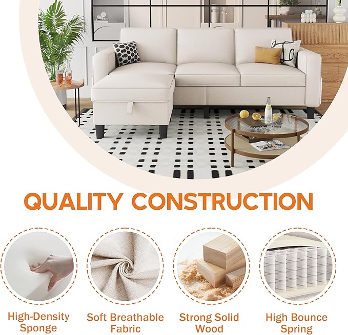 Sectional and Sofa Couches for Living Room Living Room Furniture 3 Seats Sofas with Movable Storage Function Ottoman Small Sofas for Bedroom Apartment or Office
