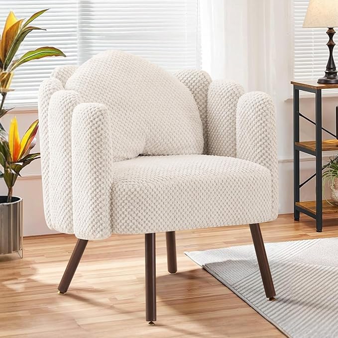 Furniliving Beige Vanity Chair Velvet Accent Chair for Living Room Shell Chairs with Wooden Legs Makeup Chair for Bedroom Armchair Cute Petal Reading Chair with Pillow
