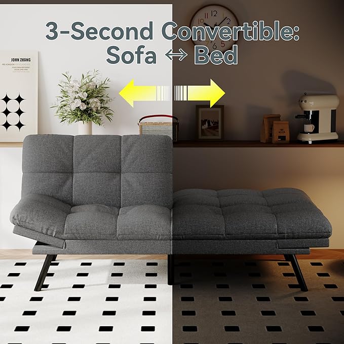 Futon Sofa Bed Convertible Couch Grey Linen Sofa Bed with Memory Foam Adjustable Backrest &amp Armrests Multifunctional Small Loveseat Sleeper Sofa for Living Room Apartment Office