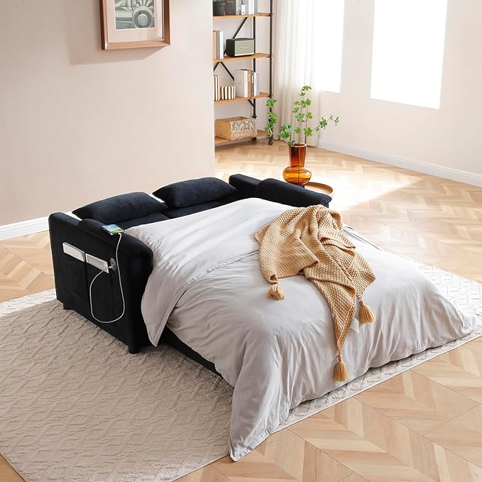 Livavege 55 Convertible Sofa Bed Velvet Pull Out Sleeper Sofa Couch Bed 3-in-1 Futon Loveseat with Adjustable Backrest USB Ports &amp 2 Side Pockets for Small Living Room Apartment Bedroom Bla