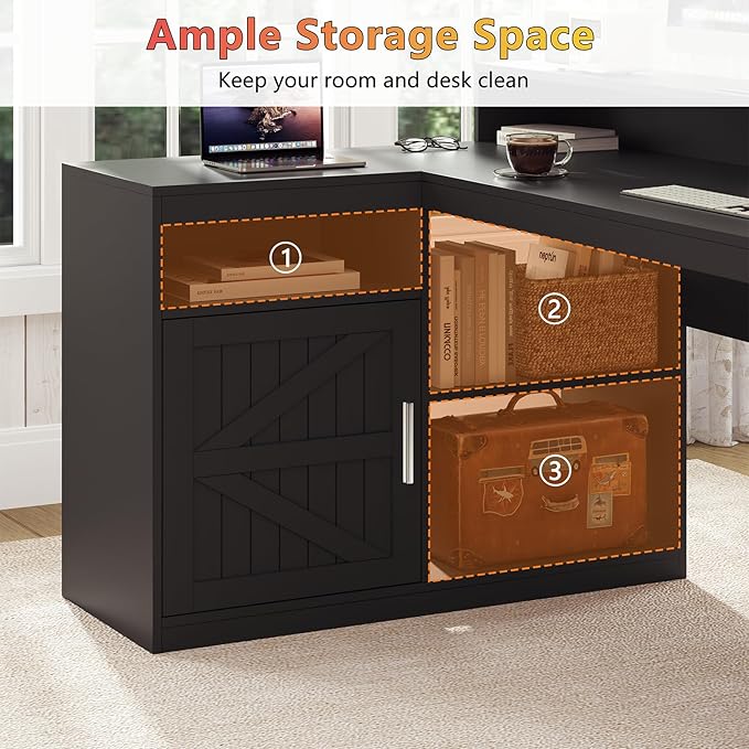 TVU Farmhouse L Shaped Desk with Drawers 62.2 Home Office Desk with Storage Shelves and Power Outlet L Shaped Computer Desk with Monitor Stand and Printer Shelf Black