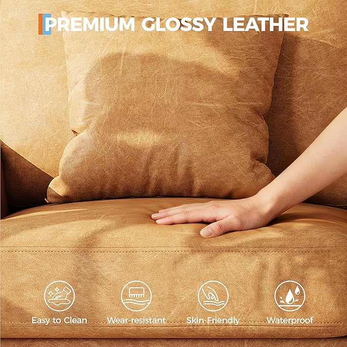 IDEALHOUSE Modern 86 Leather Sofa with 2 Throw Pillows Deep Seat Couch with Upholstered Cushion &amp Removable CoverComfy Faux Leather Sofa Couch for Small Space Apartment Lounge Brown