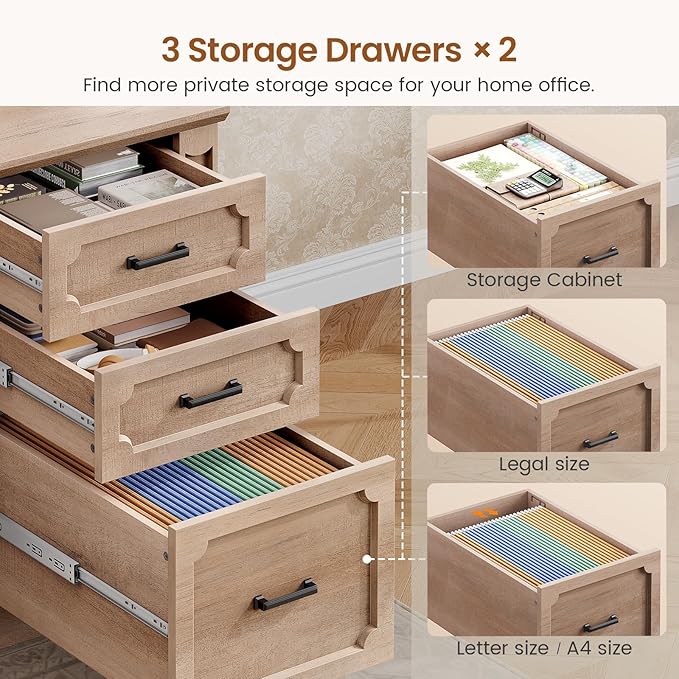 SEDETA Farmhouse 110.3 Two Person Desk with 7 Drawers Long Computer Desk with Storage Cabinet 2 Person Desk with Power Outlets for Home Office Natural Oak