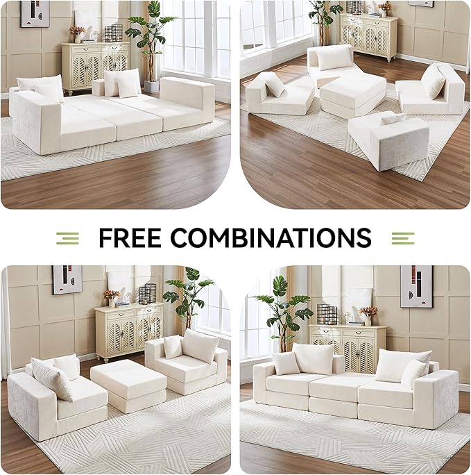 79 Boneless Cloud Loveseat Sofa Couch Modular Foldable Floor Sofa with Ottoman Chenille Lounge Convertible Sofa Bed for Living Room No Assembly Beige