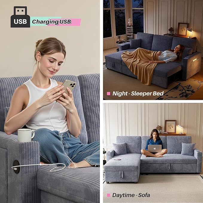 83 Sleeper Sectional Sofa Comfy Convertible Sofa Bed with Pull Out Couches Small Desktop Corduroy L Shaped Couch with Reversible Storage Chaise &amp USB for Living Room Apartment Grey