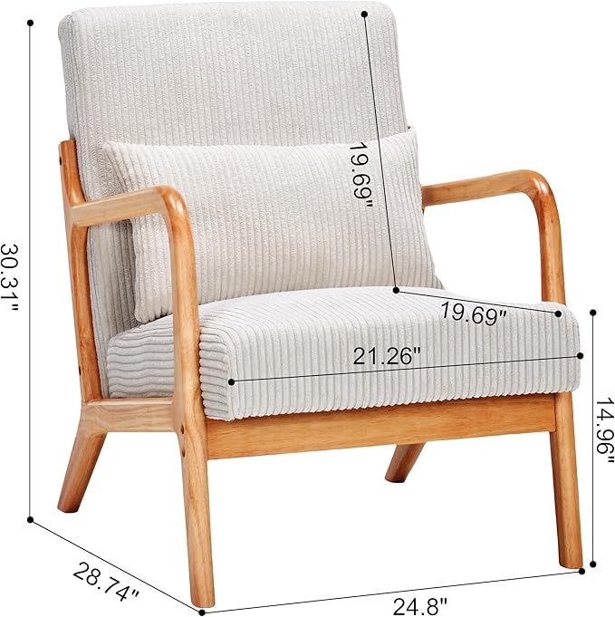 Mid Century Modern Accent Chairs Set of 2 Upholstered Corduroy Armchairs with Lumbar Pillows Solid Rubberwood Frame for Living Room Bedroom Waiting Room Beige