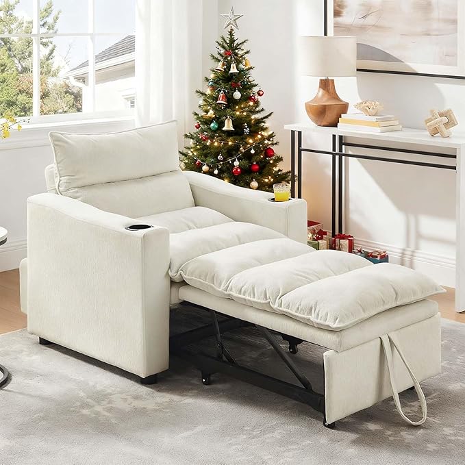 3 in1 Convertible Sleeper Sofa Chair Modern Pull Out Couch Bed Single Chair Bed with Adjustable Back Velvet Folding Compact Recliner for Living Room Bedroom Apartment Small Spaces﻿(Beige)