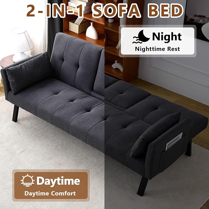 72 Cotton Linen Futon Couch Living Room Couch Bed Convertible Sleeper Sofa Bed with Cup Holder for Bedroom Guest Bed 2 Seater Reclining Sofas Couches with Nailhead Trim for Small Space (DARK GREY)