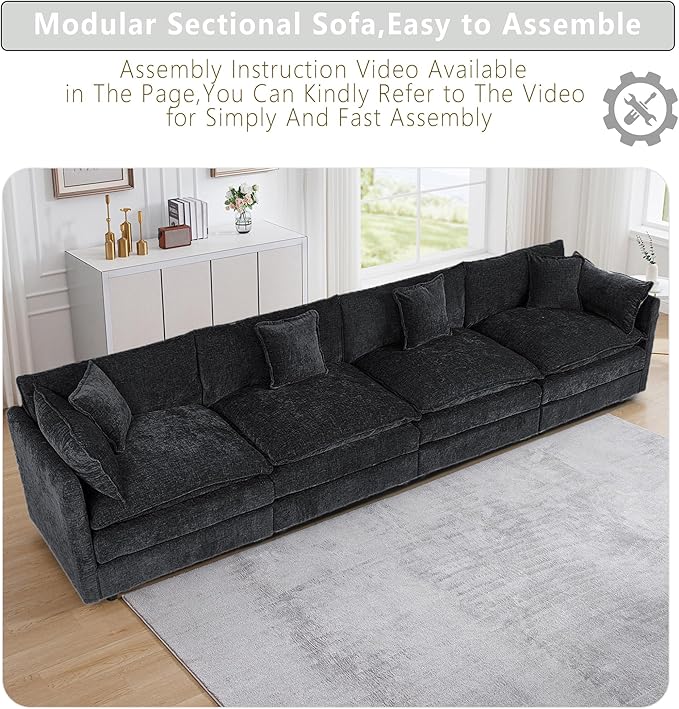 Setawix Chenille Cloud Couches for Living Room4 Seater Cloud Sofa Couch with Deep Seat147.22 Roomy Cloud SofasModular Sectional 4 Seat Sofa with Pillows for Bedroom (Black 4 Seater)