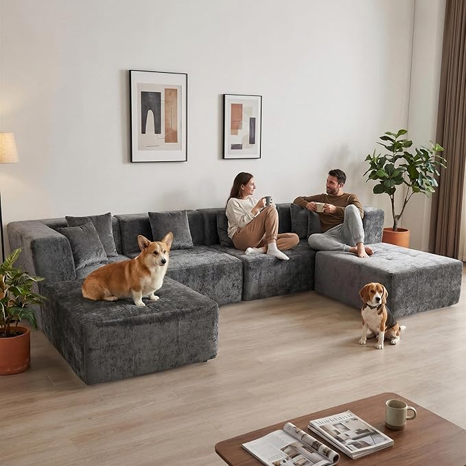 · REDEARTH · 6-Seater Modular Velvet Sectional Sofa No-Assembly U-Shaped Compressed Couch in Box with Ottoman Boneless Modular System in Plush Velvet for Living Room (4-Seater + 2-Ottoman)Dark Gray