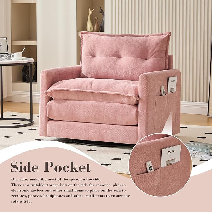 Swivel Accent Chairs for Living Room 36.2 Comfy Swivel Chair with Solid Metal Base Single Sofa with Pillows &amp Side Pockets (Pink)