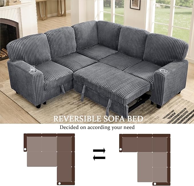 KEIKI 81 L-Shaped Oversized Corduroy Modular Sectional Sleeper Sofa with Pull-Out Bed Storage Seat Modern 5-Seater Upholstered Couch Bed with Charging Station Easy Assembly for Living Room Grey