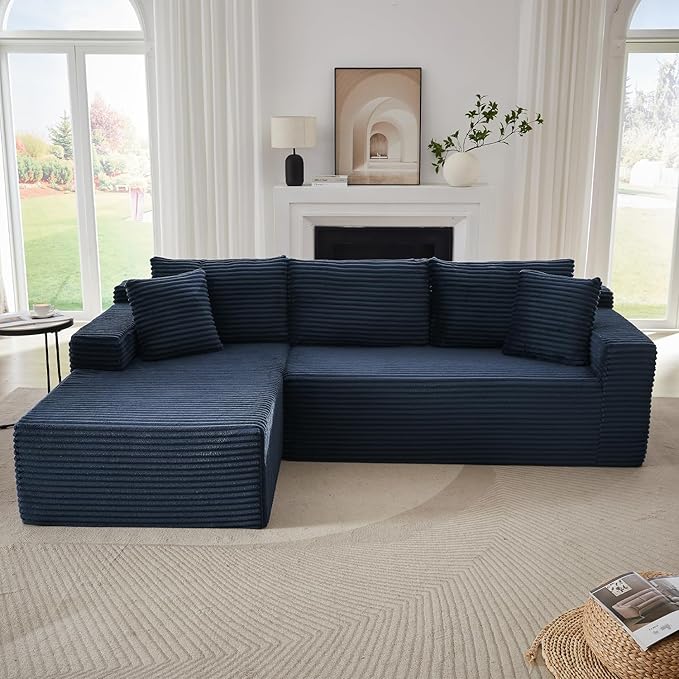 Cloud Sectional Couch 105 Inch Modular Sectional Sofa with Deep Seat Corduroy Boneless Couches with L-Shape Chaise for Living Room Bedroom Left Facing Chaise No Assembly Required (Blue)