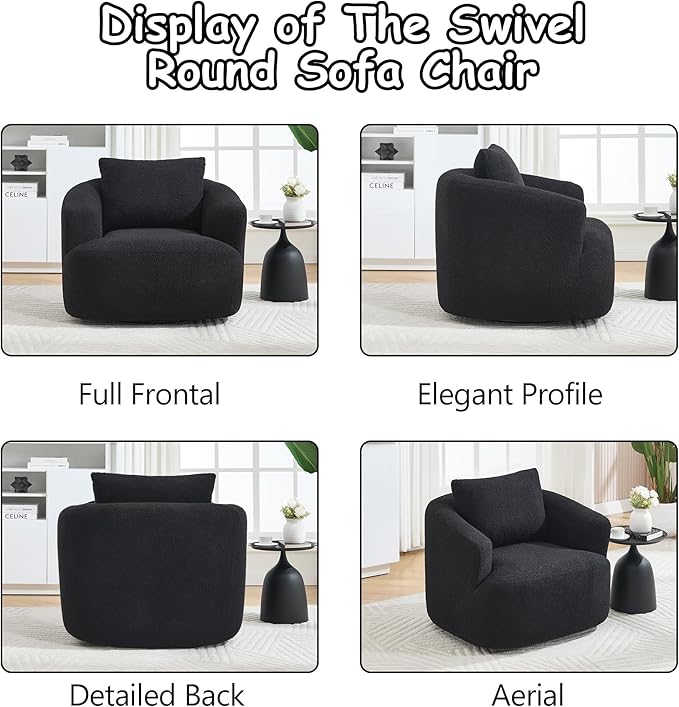 360°Swivel Accent Chair 37.4W Boneless Oversized Chair Teddy Velvet Comfy Armchair Foam &amp Spring Filling for Living Room Bedroom Apartment Office No Assembly