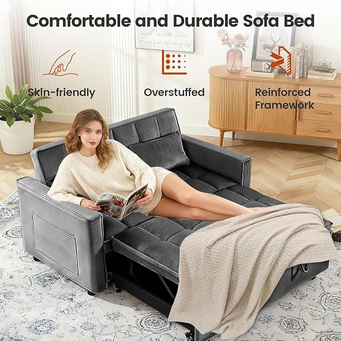 Convertible Sofa Bed Pull Out Couch with Side Pockets 3 in 1 Velvet Fabric Loveseat Sleeper Sofa Bed Pull Out Couch with Adjustable Backrest for Living Room Bedroom Apartment Deep Gray