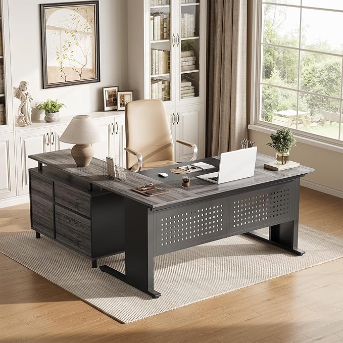 LITTLE TREE Large Computer Desk with File Cabinet 63 Inch Executive Desk L Shaped Office Desk with Drawers and Storage Shelves Business Furniture Desk Workstation for Home Office