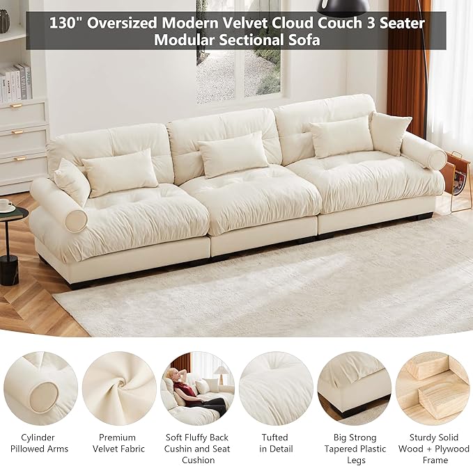 Aoowow Oversized 3 Seater Cloud Sofa Couch for Living Room130 Velvet Large 3 Seat Cloud Sofas with Deep SeatModern Fluffy Modular Sectional Sleeper CouchesTufted (Velvet Beige 3 Seater)