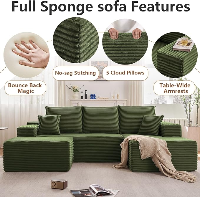 107 Modular Sectional Sofa with Ottoman Modern Corduroy Cloud Couch with Deep Seat Boneless Couch Upholstered 3-Seater U-Shaped Sofa for Living Room No Assembly (Green Right-Facing Chaise)