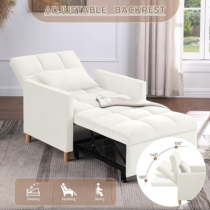 Convertible Sleeper Sofa Chair Bed3-in-1 Sleeper Chair Bed with PillowPull Out Single Armchair Sofa Bed with Adjustable Backrest Multi-Functiona Lounge Chair for Living Room（Beige）