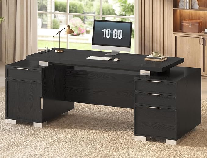 80.6 Executive Desk with Power Outlet and File Drawer Modern Home Office Desk with 3 Large Cabinets and Privacy Panel Business Furniture for Home Office Living Room Black