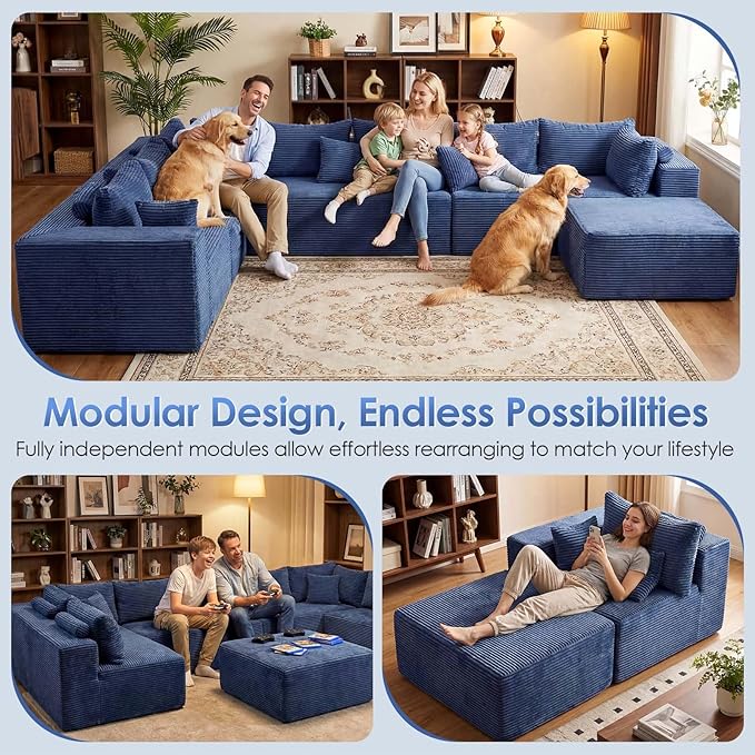 Redlife 97 L-Shaped Modular Sectional Sofa 4-Seater Boneless Couch with Ottoman 28 Deep Seat Blue Corduroy Upholstery Non-Slip Texture No Assembly Required