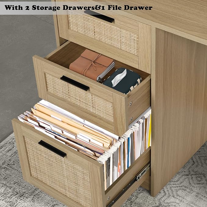 ENSTVER Small Computer Desk with Drawers and Hutch ShelfHome Office Small Desk with Storage File DrawersBoho Rattan Writing Study Desk for Bedroom