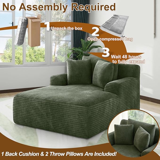 Avenix 66 Oversized Boneless Chaise Lounge Chair IndoorCorduroy Comfy Oversized Reading Chair Boneless Couch Bed ChairNo Assembly RequiredGreen