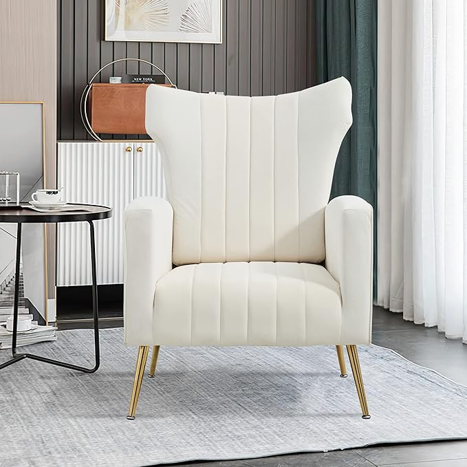 Modern Velvet Accent Chair with Arms Wingback Reading Chair with Gold Metal Legs Comfy Upholstered Single Leisure Sofa for Living Room Bedroom Club(Velvet+White)