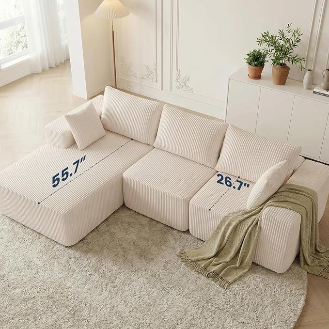 DUMOS 108 Boneless Couch Cloud Sectional Couch with L-Shape Chaise Modular Sectional Sofa with Deep Seat Upholstered Couch for Living Room Bedroom No Assembly Required (Beige Left Facing Chaise)