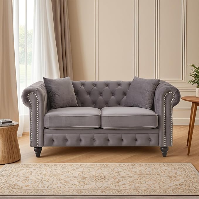 63.5 Velvet Oversize Chesterfield Grey Loveseat Sofa Rolled Arms Modern Sofa with Button Design and 2 Cushions for Living Room (Grey 63.5 Loveseat Sofa)