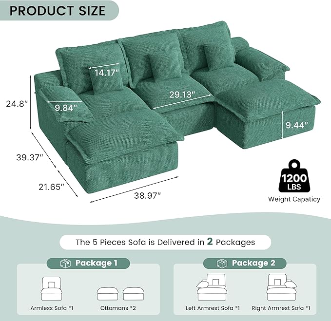 Modular Sectional Sofa 107'' Boneless Couches for Living Room 5-Seat Sofa with 2 Ottomans Cloud U Shaped Couch No Assembly Required Chenille Green