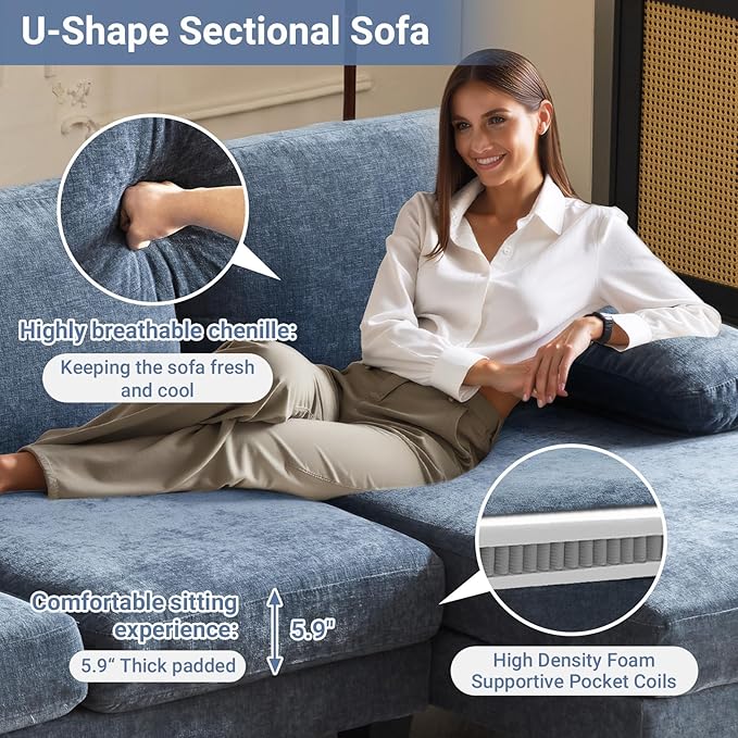 VINGLI 110 Sectional Couches for Living RoomU Shaped Couch with Double Chaise 4-Seat Sofa Set with Corduroy Fabric for Home FurnitureOcean Blue