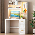 LVSOMT 40” Home Office Desk with Hutch and Drawers Computer Desk with Power Outlets and LED Light Study Writing Gaming Table with Storage Shelves Workstation for Bedroom White
