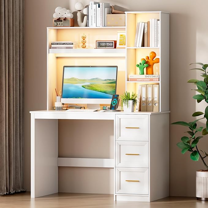 LVSOMT 40” Home Office Desk with Hutch and Drawers Computer Desk with Power Outlets and LED Light Study Writing Gaming Table with Storage Shelves Workstation for Bedroom White