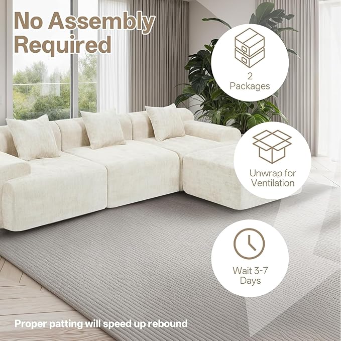 119’’ Modular Compression Sofa L-Shaped Cloud Sectional Couch with Chaise &amp Deep Seating Modern Upholstered Living Room Couch with Removable Pillows Easy Expand Design Beige Chenille Fabric