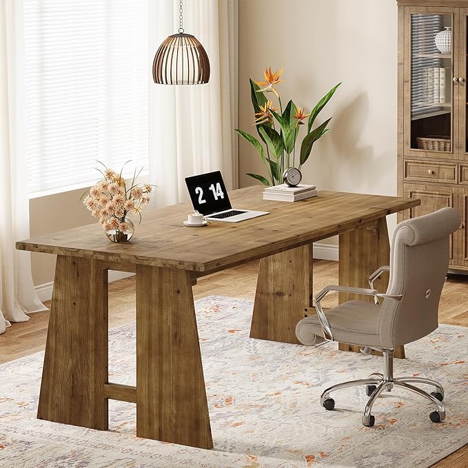 Solid Wood Executive Desk 70.9-Inch Long Office Computer Desk with Sturdy Wooden Legs Farmhouse Workstation for Home Office Rectangular Conference Table for Meeting Room (Brown)