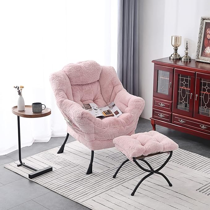 LITA Lazy Chair with Ottoman Modern Accent Leisure Upholstered Sofa Contemporary Lounge Reading Chair with Armrests and a Side Pocket for Living Room Bedroom &amp Small Spaces Plush Pink