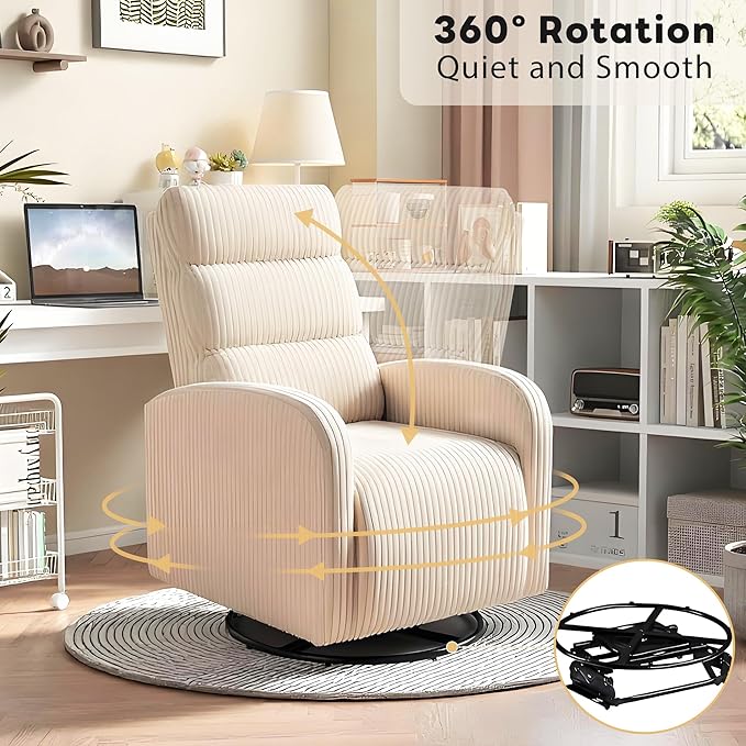Swivel Rocker Chair 360° Swivel Rocker Chairs with High Back Arms Rocking Lazy Boy Chairs Upholstered Swivels Corduroy Glider for Living Room Bedroom Nursing Beige