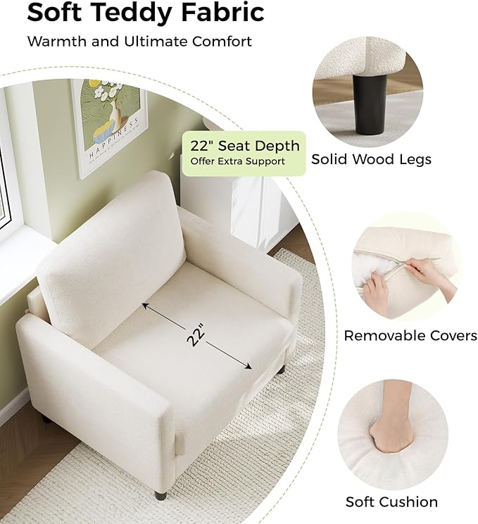 Sofa Accent Chair 33 Reading Chair for Bedroom Tool-Free Setup Living Room Accent Chairs Comfy Arm Chairs Living Room All-Wood Reading Nook Beige