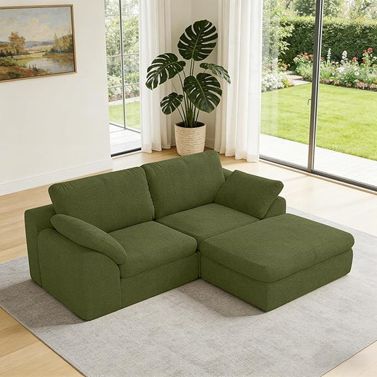 Cloud Sectional Couches 78.8 L-Shape Sofa with Ottoman Deep Seat Modular Sectional Couch Comfy Boneless Couch for Living Room &amp Bedroom Bouclé Fabric Green