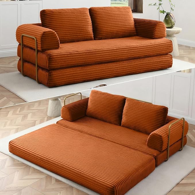 Convertible Folding Sofa Bed Modern Futon Sleeper Sofa Fold Out Couch Bed with Gold Fixed Frame Modular Floor Sofas Comfy Corduroy Boneless Couches for Living Room (80 Orange)