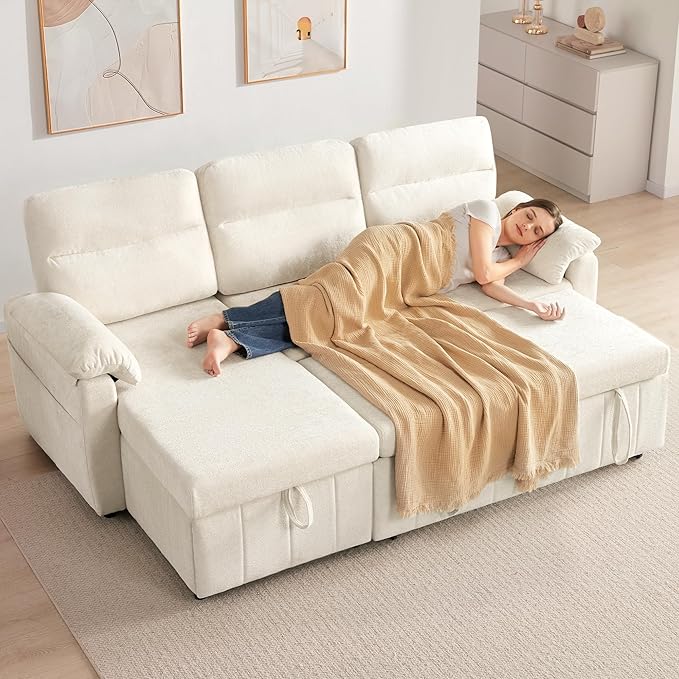 Tbfit 84'' Sleeper Sofa Bed 3 in 1 Cloud Pull Out Sofa Couch with USB &amp Storage Chaise Convertible Sofa Bed with Pull Out Bed Couches for Living Room Apartment Office White Sherpa