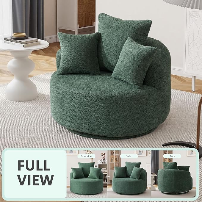 360°Swivel Accent Barrel Chair - 38.6W Boneless Oversized Upholstered with 3 Removable Pillows High-Resilience Sponge &amp Tuck Stitch Fabric Comfy Round Sofa Chair for Living Room Bedroom Apartm