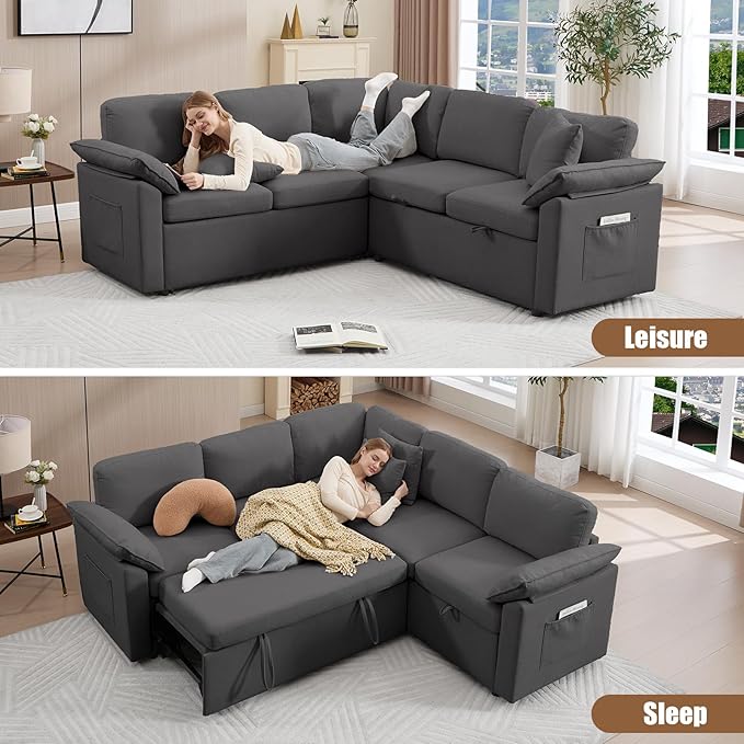 85 Modular Sectional Sofa with Pull Out Bed L Shaped Couch with Storage 5-Seater Sleeper Sofa Sectional Couches for Living Room Cloud Modular Couch with Removable Sofa Cover