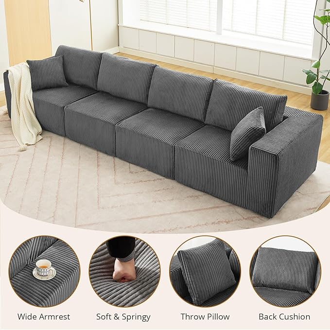 Sectional Cloud Boneless Couch 137 Modern Comfy Linear Straight No Assembly Required Convertible Compression Sleeper Modular Sofa with Corduroy Fabric 4 Deep Seat Single for Living Room